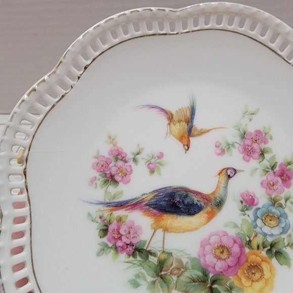 Bavaria Schumann Arzberg Germany Reticulated Plate Pheasants Pink Roses 5 1/2" - Picture 2 of 14